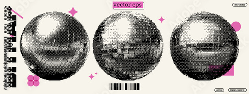 Three disco balls are artistically displayed with a unique bitmap design, showcasing retro pixel art styles.