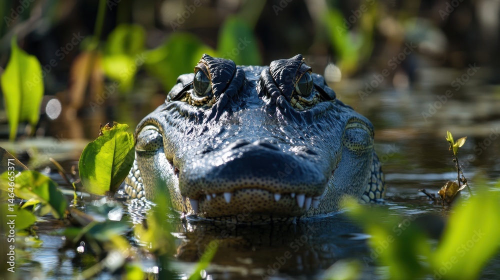 Fototapeta premium Intense gaze of an alligator emerging from the murky waters of the swamp