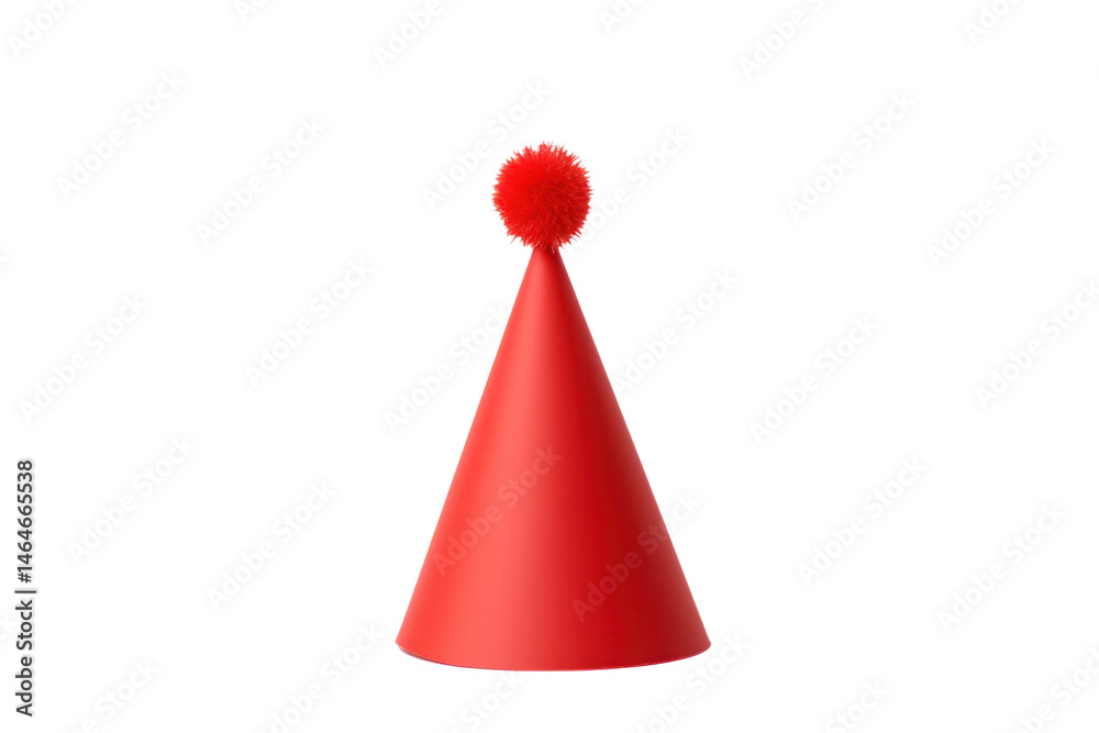 Red Cone Party Hat: A simple studio shot features a vibrant red party hat, its conical form topped with a fluffy pom-pom, ready to celebrate. Red Cone Party Hat: A simple studio shot features a vibrant red party hat, its conical form topped with a fluffy pom-pom, ready to celebrate.