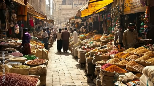 Vibrant indian spice market street scene filled with colorful goods and people