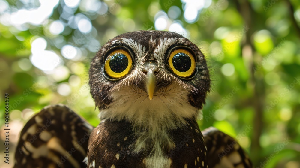 Obraz premium Curious owl portrait, jungle bokeh, wildlife close-up