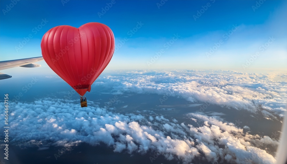 Fototapeta premium view from the plane window to the sky with clouds and heart shape red balloon