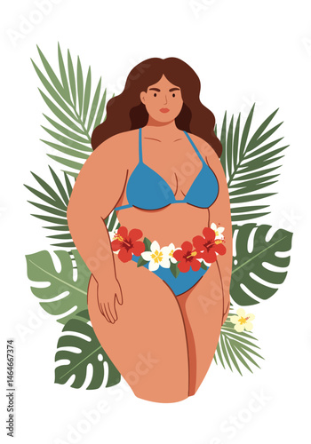 Adobe Illustrator Artwork vector flat illustration of a confident plus-size woman in a swimsuit with tropical flowers and leaves. Celebrates body positivity and summer beauty