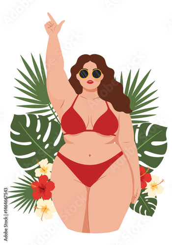Adobe Illustrator Artwork vector flat illustration of a confident plus-size woman in a swimsuit with tropical flowers and leaves. Celebrates body positivity and summer beauty