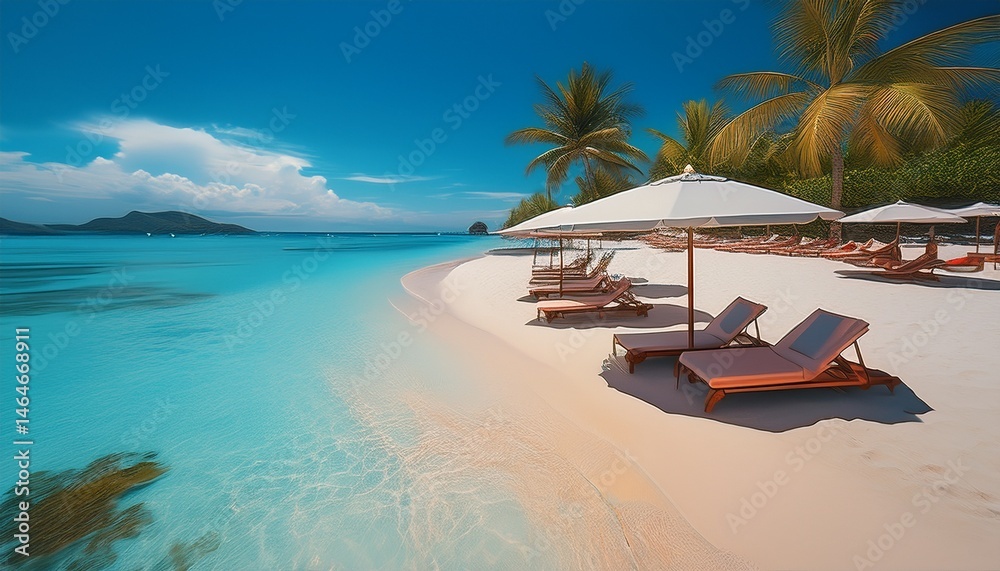 Naklejka premium tranquil beach paradise turquoise water white sand sun loungers and umbrellas
