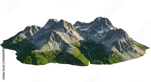 Aerial view of mountain range with snow capped peaks and green valleys in a black background isolated on white background, tarensparent background, png, jpg,jpeg,  on transparent background