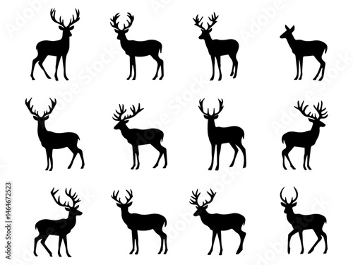 Black Silhouettes of Wild Deer – Male, Female, and Roe Deer Illustrations