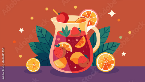 A pitcher of refreshing sangria infused with seasonal fruits and es adding a festive touch to the cozy tapas night at home.. Vector illustration