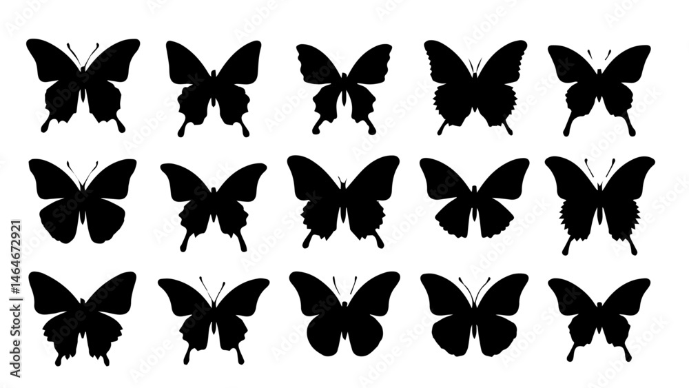 Fototapeta premium Set of Black Flying Butterfly Silhouettes – Isolated on Transparent Background for Decorative Design