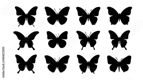 Set of Black Flying Butterfly Silhouettes – Isolated on Transparent Background for Decorative Design