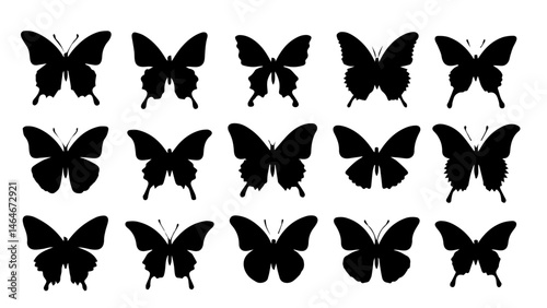 Set of Black Flying Butterfly Silhouettes – Isolated on Transparent Background for Decorative Design