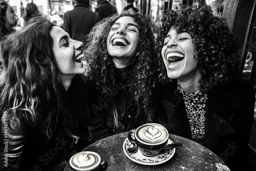 Three Happy Women Laughing Together at a City Cafe