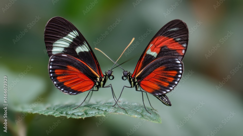 Fototapeta premium Vibrant Tropical Butterflies Displaying Colors on Green Leaf in Natural Habitat