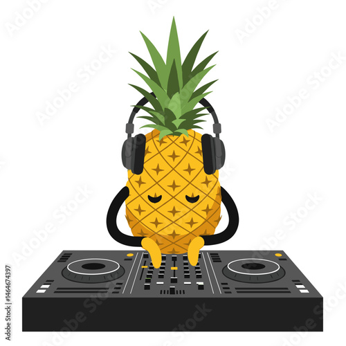 Funny cartoon pineapple character dj with headphones at the console no background