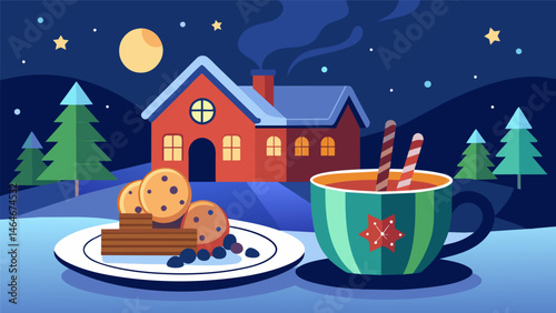 A cozy winter evening with a cup of cinnamon herbal tea and a plate of warm ed gingerbread cookies.. Vector illustration
