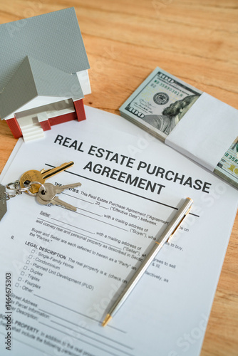 Real estate purchase agreement contract ready to sign. Vertical shot.