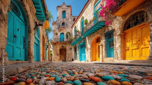 Havana's Vibrant Cobblestone Street, sunlit path adorned with multicolored aged stones, embodying the lively Caribbean spirit and rich colonial history.