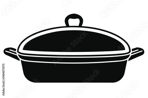 Closed black casserole dish is visible in this simple monochrome kitchenware vector