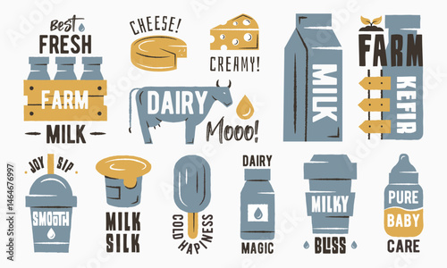 Dairy logo. Large set of dairy and milk product trendy minimal icons. Farm Milk, Cheese, Dairy Cow, Kefir, Milky Bliss, Cold Happiness, Baby Care icon. Vector illustration.
