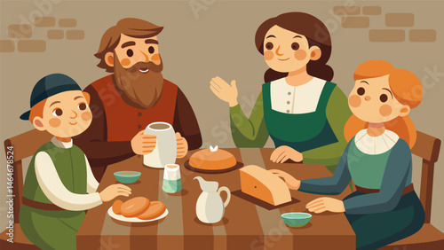 A peasant family gathered around their modest wooden table savoring their simple yet hearty meal of bread cheese and ale thankful for the food that. Vector illustration