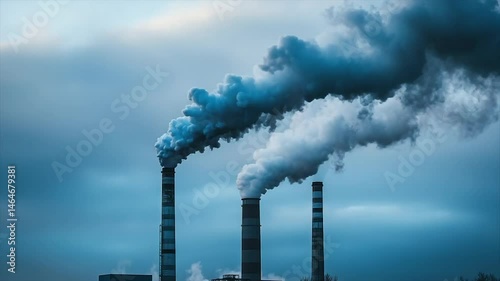 Industrial pollution, dark smoky emissions from factory chimneys against a hazy sky