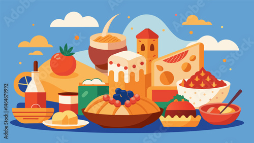 A mouthwatering spread of homemade goodies and delicacies that represent the tastes of the region.. Vector illustration