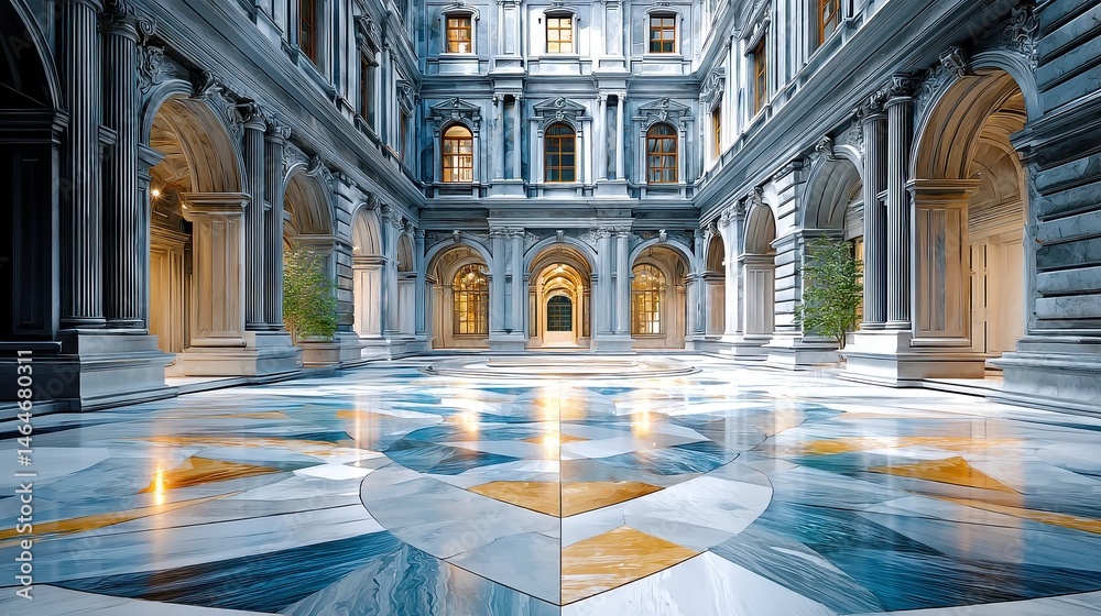 Fototapeta premium Vienna Imperial Palace Courtyard, elegant stone floor with polished light-gray cobblestones, showcasing classical symmetry and inviting open space for exploration.
