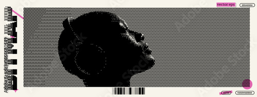 Woman enjoying music in a modern pixel art style reflecting y2k and dadaist influences in an urban setting