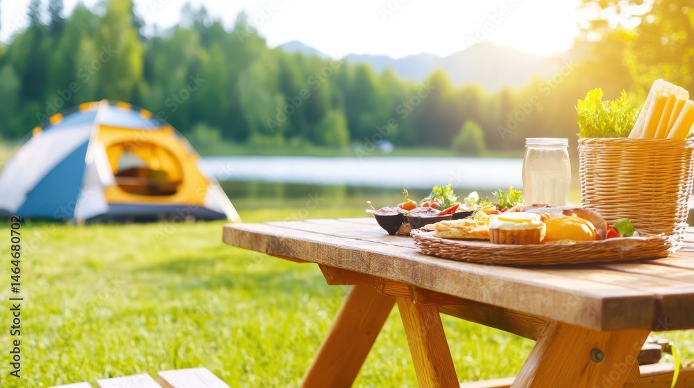 Camping Picnic by the Lake: A picturesque scene of a lakeside campsite with a picnic table laden with tasty food, a camping tent in the background.