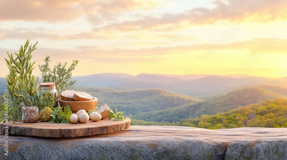 Golden Sunrise Breakfast Spread: A rustic wooden platter displays a delicious breakfast spread, complete with freshly baked bread and organic eggs.