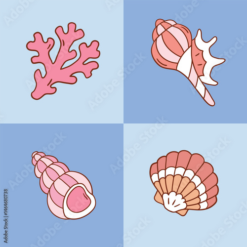 Cute vector seashell and coral. Hand drawn marine life artwork. Perfect for sticker, tee shirt logo, greeting card, poster or nursery print design. EPS 10 vector file.