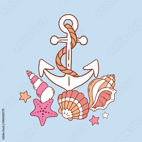 Cute vector anchor with seashell and seastar. Hand drawn marine life artwork. Perfect for sticker, tee shirt logo, greeting card, poster or nursery print design. EPS 10 vector file.