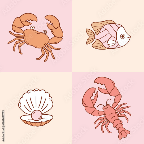 Cute vector fish with shell, crab and lobster. Hand drawn marine life artwork. Perfect for sticker, tee shirt logo, greeting card, poster or nursery print design. EPS 10 vector file.