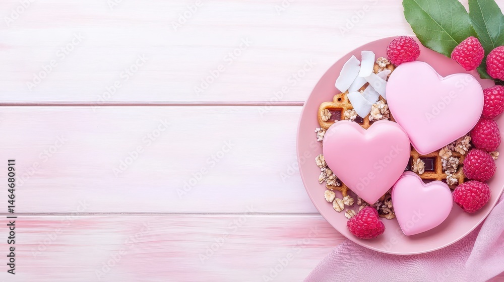 Sweet Breakfast Delight: A visually appealing still life of a gourmet breakfast with heart-shaped elements, fresh raspberries and coconut shavings.