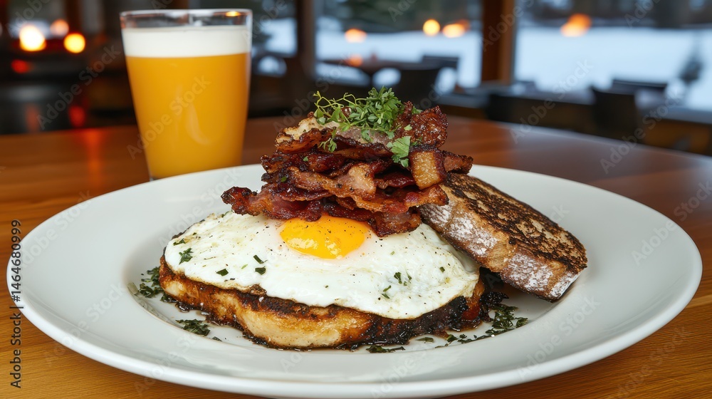 Savory Breakfast Delight: A gourmet breakfast featuring a perfectly cooked egg, crispy bacon, toasted bread, and a refreshing orange drink, set on a pristine plate, celebrating a culinary experience.