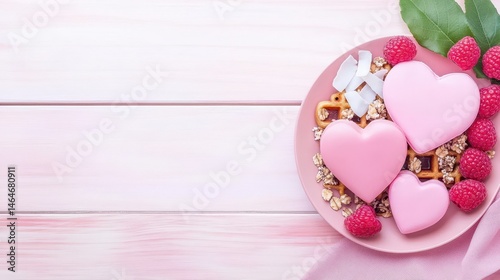 Sweet Breakfast Delight: A visually appealing still life of a gourmet breakfast with heart-shaped elements, fresh raspberries and coconut shavings.