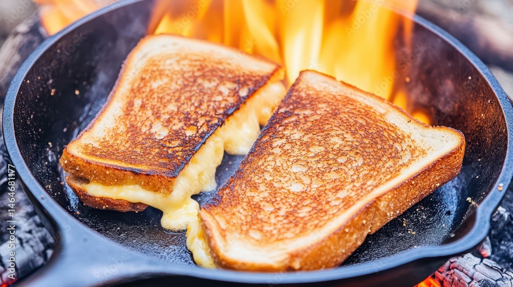 Toasted Delight: An up-close shot of two perfectly golden grilled cheese sandwiches, sizzling in a cast-iron pan over an open fire. The cheese oozes temptingly, promising a culinary indulgence.