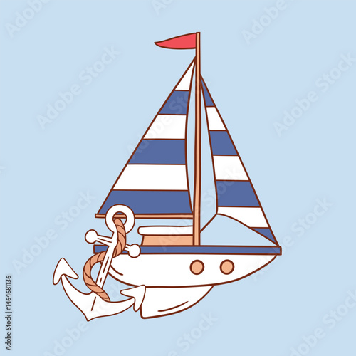 Cute sailboat with anchor. Hand drawn vector ship artwork. Perfect for sticker, tee shirt logo, greeting card, poster or nursery print design. EPS 10 vector file.
