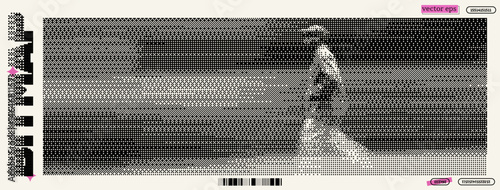 Man walking in a pixelated motion art style inspired by dadaism and y2k aesthetics, blending modern technology and retro influences