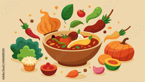 A cornucopia of hearty soups stews and chilis featuring locallyraised meats and hearty vegetables from neighboring farms.. Vector illustration
