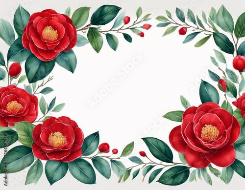 elegant watercolor floral frame with deep red camellias and lush green leaves