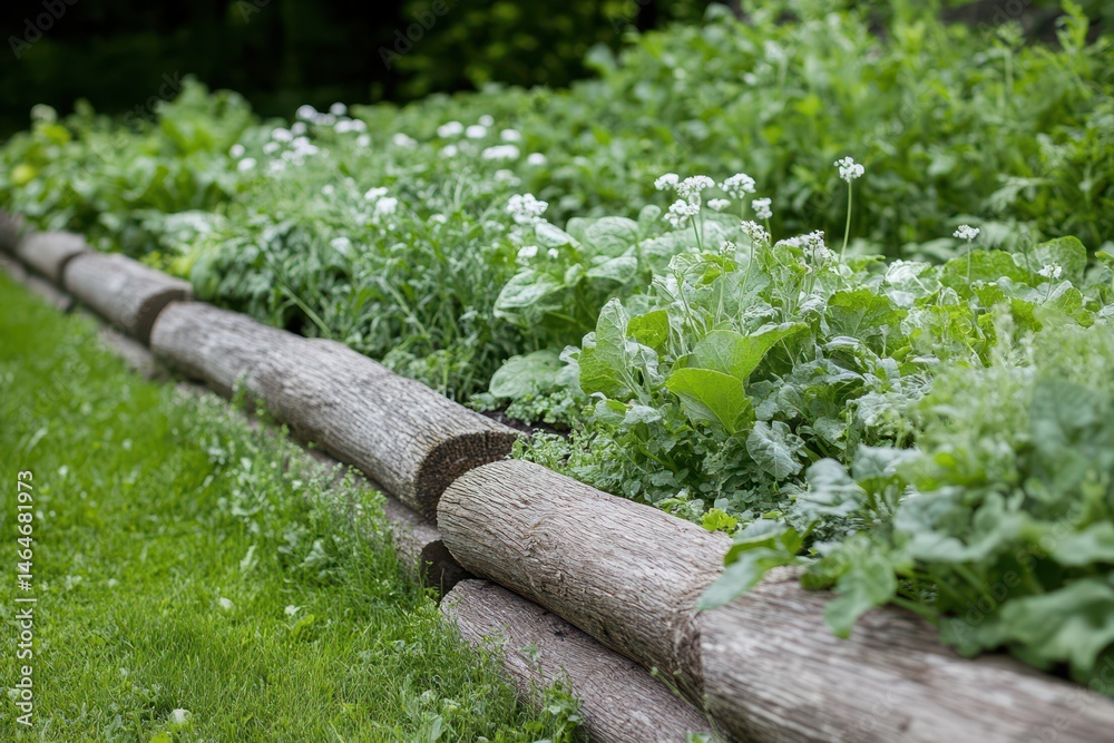 Vegetable garden with log border: A lush vegetable garden thrives, bordered by rustic, weathered logs. The vibrant greens and delicate white flowers create a tranquil and inviting scene.