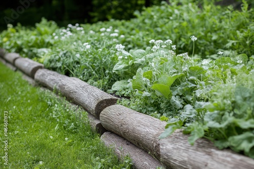 Obraz na płótnie Vegetable garden with log border: A lush vegetable garden thrives, bordered by rustic, weathered logs. The vibrant greens and delicate white flowers create a tranquil and inviting scene. w salonie