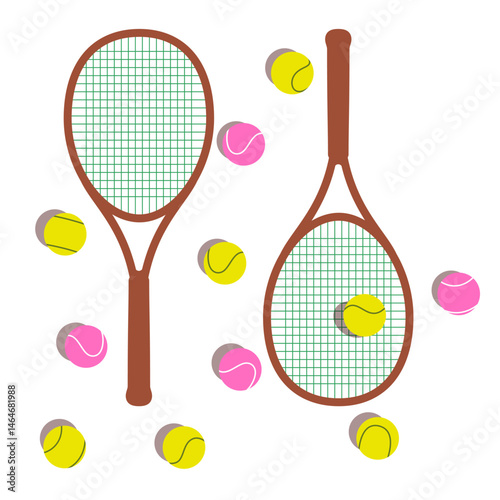 Two tennis rackets and bright yellow, pink balls scattered chaotically on court. Vector isolated illustration for design of sports website, school competitions, certificates, diplomas.