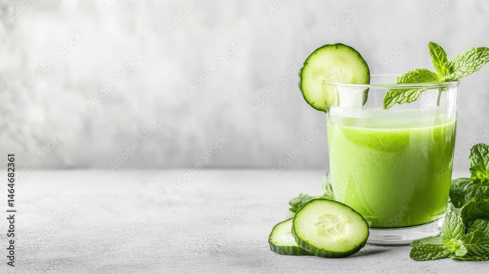 Refreshing Cucumber and Mint Elixir: A chilled glass of vibrant green cucumber and mint juice, garnished with fresh mint leaves and cucumber slices, creating a refreshing and invigorating drink.