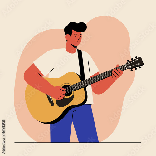 Young man cheerful playing acoustic guitar in casual attire on soft background with copy space
