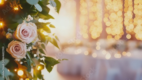 Enchanting Floral Elegance: Delicately captured close-up of soft, blush-pink roses, subtly accented with verdant foliage and delicate fairy lights, evoke a sense of romance. 