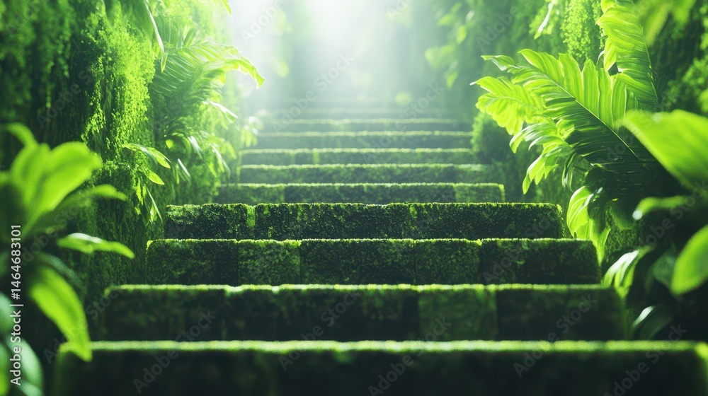 Enchanted Steps: Ascending moss-covered steps, framed by lush green foliage, beckon towards a radiant source of light, evoking a sense of mystery and serenity.