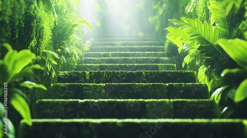 Obraz na płótnie Enchanted Steps: Ascending moss-covered steps, framed by lush green foliage, beckon towards a radiant source of light, evoking a sense of mystery and serenity. w salonie