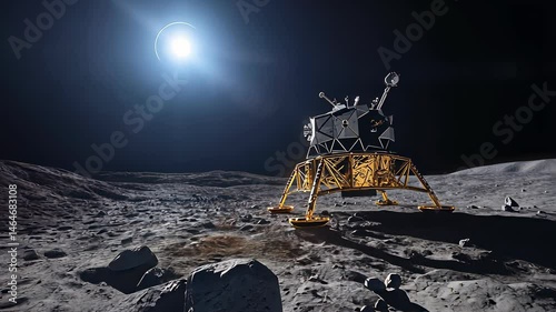 Lunar Lander on Moon Surface - Detailed Exploration Vehicle on Rocky Terrain, Space Exploration, Science, and Future Technology Concept.